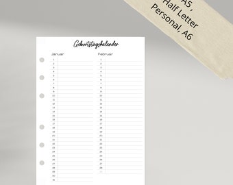 Kalendereinlage Geburtstage | Personal | A5 ; SW10175 | Einlagen | Filofax | Kalender