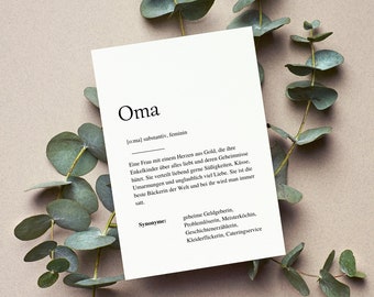 Definitionskarte "OMA" | DANKE | Oma | Großmutter | Geschenk | Ankündigung | Definition | Baby | Schwangerschaft | Vorfreude | Geburtstag