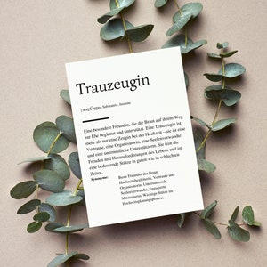 Definitionskarte "TRAUZEUGIN" | Hochzeit | Bedanken | Geschenk | Hochzeitsgeschenk | Lieblingsmensch | Beste Freundin | Verlobung