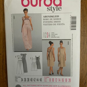 May include: A sewing pattern for a dress with a bow in the back. The pattern includes sizes 34 to 46 and 8 to 20. The pattern is for an evening dress, robe de soiree, evening dress, or vestido de fiesta. The pattern is labeled "burda style" and has a difficulty rating of 3 out of 4.