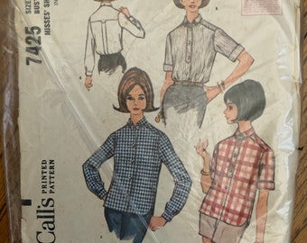 Vintage McCall’s 7425 Button-down Shirt size 14, bust 34” 1960s