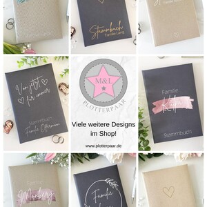 May include: A collage of nine images showcasing different designs for personalised family photo albums. Each album features a unique design with a heart, a star, a floral wreath, and a brushstroke. The albums are all grey or beige with gold accents. The text "Stammbuch" is visible on several of the albums, which translates to "family album" in English.