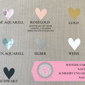 May include: A chart showing different colour options for a vinyl cutting machine. The colours include rose watercolour, rose gold, gold, green watercolour, silver, white, and black. The text on the chart reads "Rose Watercolor", "Rose Gold", "Gold", "Green Watercolor", "Silver", "White", "Black", "M&L Plotterpaar", "Weitere Farben auf Nachfrage - schreibt uns gerne eine Nachricht".