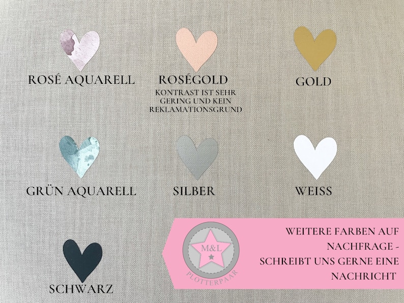 May include: A chart showing different colour options for a vinyl cutting machine. The colours include rose watercolour, rose gold, gold, green watercolour, silver, white, and black. The text on the chart reads "Rose Watercolor", "Rose Gold", "Gold", "Green Watercolor", "Silver", "White", "Black", "M&L Plotterpaar", "Weitere Farben auf Nachfrage - schreibt uns gerne eine Nachricht".