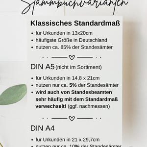 May include: A white background with black text outlining the different sizes of paper used for German marriage certificates. The text includes "Stammbuchvarianten", "Klassisches Standardma&szlig;", "DIN A5", "DIN A4", and "M&L Plotterpaar".