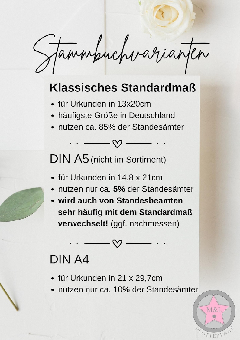 May include: A white background with black text outlining the different sizes of paper used for German marriage certificates. The text includes "Stammbuchvarianten", "Klassisches Standardma&szlig;", "DIN A5", "DIN A4", and "M&L Plotterpaar".