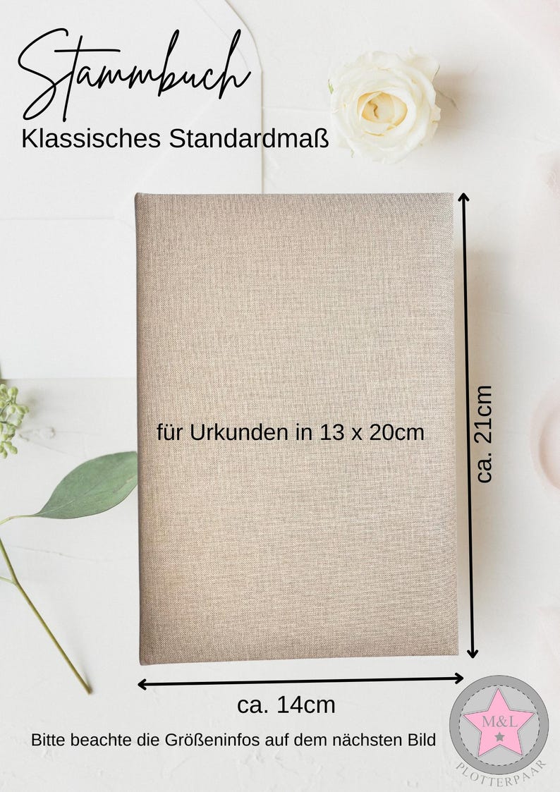 May include: A beige fabric-covered album with the text "Stammbuch" and "Klassisches Standardma&szlig;" in black. The album is approximately 14 cm wide and 21 cm tall. The text "f&uuml;r Urkunden in 13 x 20cm" is printed on the front of the album.