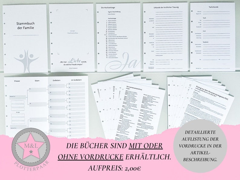 May include: A set of printable family tree templates, including a family tree chart, a genealogy chart, and a family history book. The templates are available with or without pre-printed forms. The price is 2.00 euros.