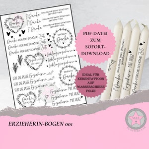 Fichier PDF éducateur 001 ||| Autocollant de bougie de tatouage de bougie, film coulissant d'eau, adieu à la maternelle, merci de grandir, cadeau meilleur avec cœur