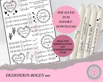 Archivo PDF educador 001 ||| Vela tatuaje vela pegatina tobogán de agua película despedida jardín de infantes gracias crecer regalo mejor con corazón
