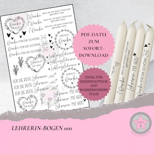PDF-Datei Lehrerin 001 ||| Kerzentattoo Kerzensticker Wasserschiebefolie Abschied Kindergarten Danke Wachsen Geschenk Beste mit Herz