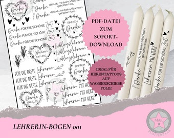 Archivo PDF profesor 001 ||| Vela tatuaje vela pegatina tobogán de agua película despedida jardín de infantes gracias crecer regalo mejor con corazón