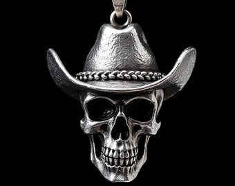 Handmade 925 Sterling Silver Cowboy Skull Pendant Necklace