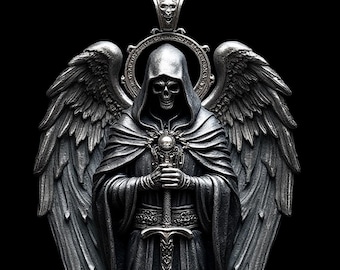 Sterling Silver Angel of Death Pendant, Gothic Skull Necklace