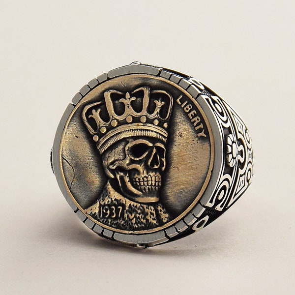 925 Sterling Silver Skull Coin Ring - Handmade Men's Ring