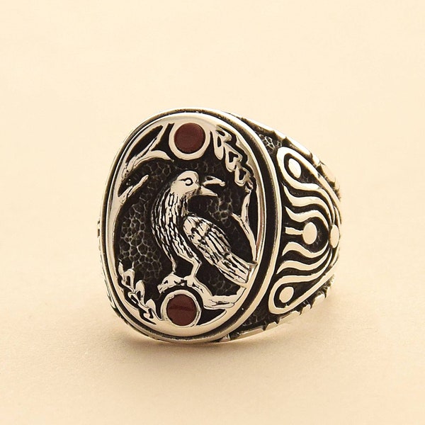Handmade Crow Ring: 925 Sterling Silver Unisex Ring with Red Agate