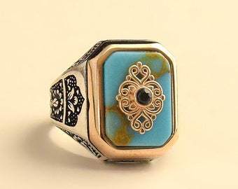 Handgemachter Türkis Stein Ring: 925 Sterling Silber Herrenring