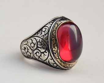 Hand Carved Ruby Sterling Silver Ring - Orientalist Design