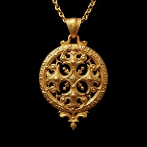 14K Seal of Heaven Pendant, Handmade Seal Pendant, Gold Pendant, Golden Medieval 14K Gold Pendant, Talisman of Cross, Golden Seal Necklace