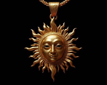 Handmade 14K Gold Sun Face Pendant - Golden Art Necklace