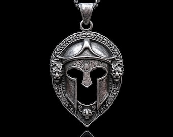 Handmade Sterling Silver Spartan Helmet Pendant with Lion Figures