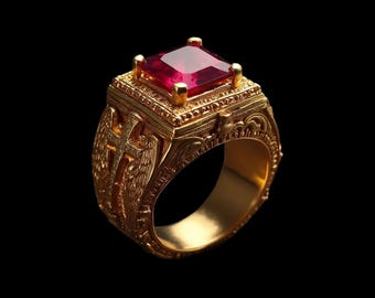 Handmade 14K Yellow Gold Men's Ring: Ruby Cross & Wings Design