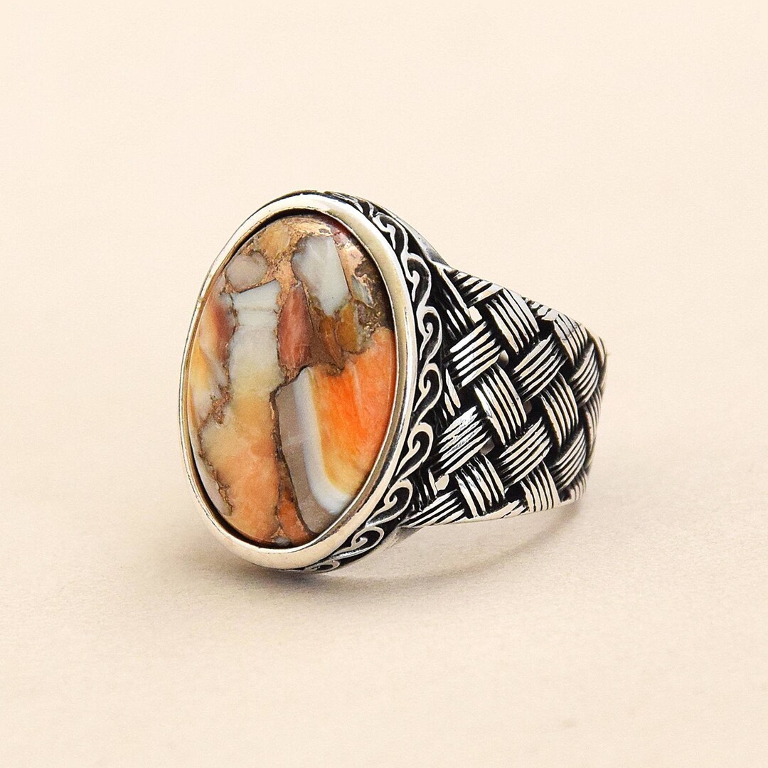 Orange Turquoise Ring 925 Sterling Silver Handmade Men's Ring, Silver Ring, Rings for Men, Men's