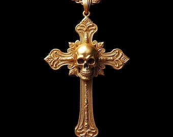 Handmade 14K Gold Skull Cross Pendant - Gothic Jewelry