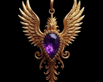 Vermeil Gold Amethyst Wings Pendant: Handmade Sterling Silver Necklace