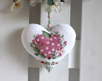 Cross stitched, heart with apple and flowers