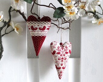 2 hearts, birds, farmer's fabric, country house decoration