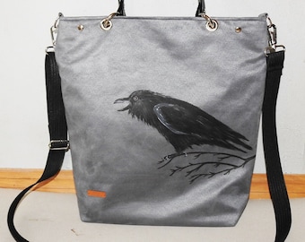 Rock bag,  shopper bag, painted Raven , super suede bag , gothic bag, gothic style