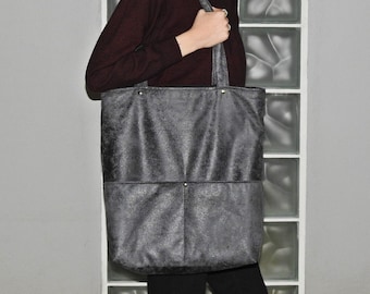 Sac bag, x-large metalic bag, black/grey suede bag,