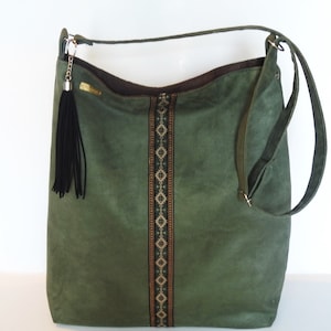 Bolso etno / bolso boho, bolso con flecos, bolso de hombro verde