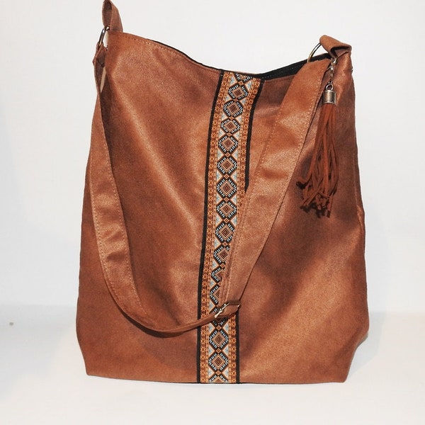 Sac ethno / sac boho, sac à franges, sac messager brun