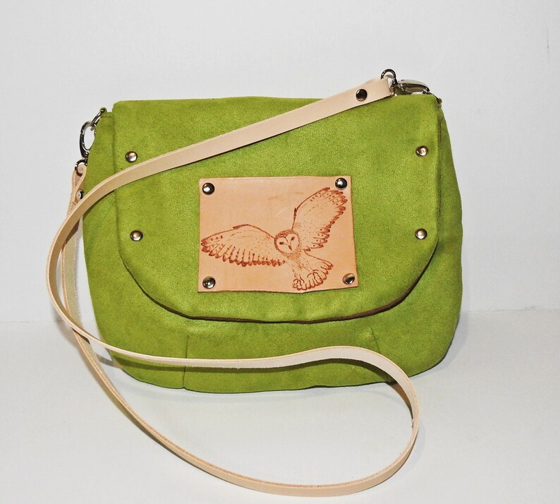 Green crossbody suede leather barn owl bag owl handbag burner for pyrography bag pyrography owl
