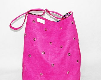Fuchsia color bag /  xlarge  bag / shopper bag/  bag with studs / pink bag / large sack/ pink sack / sack with studs / glam rock bag