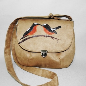 Bolso mensajero pájaros pintados / bolso beige / bolso de hombro / bolso pintado a mano / bolso con pájaros