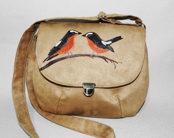 Crossbody bag , crossbody purse , clutch purse , beige bag . hand-painted purse / birds paintings / birds purse