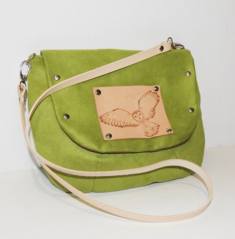 Green crossbody suede leather barn owl bag owl handbag burner for pyrography bag pyrography owl