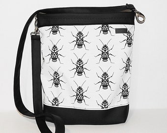 Rock style / crossbody bag / black white bag / Faux Leather Purse / large canvas purse / insects bag