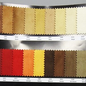 May include: A color chart of fabric swatches in various shades of brown, red, orange, yellow, and beige. The swatches are labeled with numbers and names, such as Choco, Oak, Bison, Camel, Brown, Mika, Dune, Beige, Cream, Bordo, Red, Neon Red, Orange, Honey, Marron, Grizzly, Dk. Brown, and Sand.