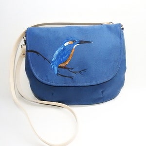 Hand painted crossbody bag / cobalt purse / kingsfisher / bird bag / suede bag