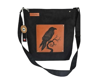 Black vegan raven bag, artwork bag, gothic raven purse, engraving artwork bag