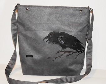 Messenger bag, creepy raven purse,  painted Raven , gothic purse, gothic style