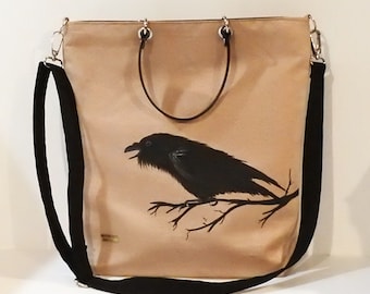 Rock bag,  shopper bag, painted Raven , super suede bag , gothic bag, gothic style