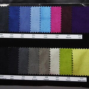 May include: Color chart with fabric swatches in various colors, including dark grey, cobalt, navy, azur, turkis, pink, pflaume, lila, black, grey, M. Grey, elephant, silver, pistazie, and apple green.