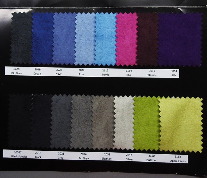 May include: Color chart with fabric swatches in various colors, including dark grey, cobalt, navy, azur, turkis, pink, pflaume, lila, black, grey, M. Grey, elephant, silver, pistazie, and apple green.