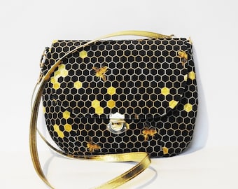 Personalized Honeycomb Large Bees & Polka Dots Bucket Bags w/Genuine Leather Trim Front Personalized Honeycomb Large Bees & Polka Dots Bucket Bags w/Genuine Leather Trim Front