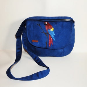 cobalt purse with parrot / painted parrot / colorful purse / crossbody blue purse / medium messenger